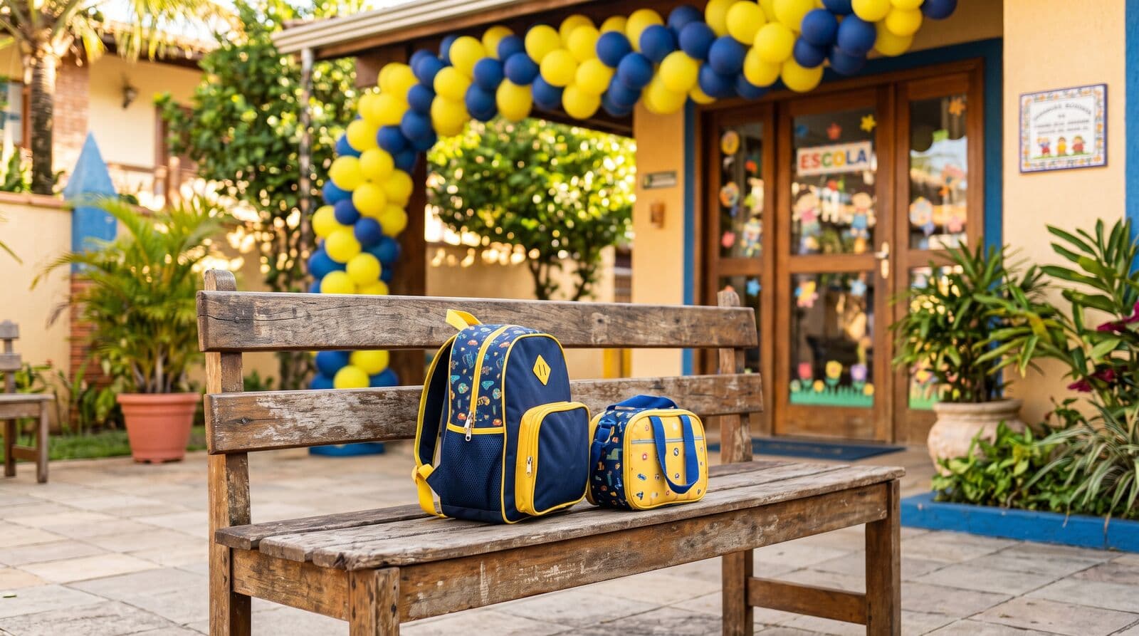 Pequena mochila infantil e lancheira coloridas no banco da entrada da escola