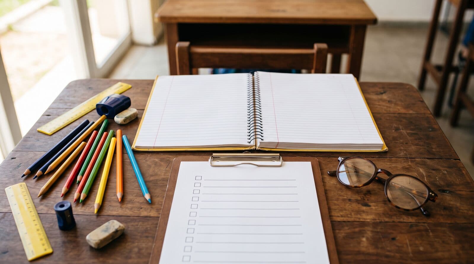Caderno aberto com lápis de cor e prancheta de anotações sobre uma mesa escolar