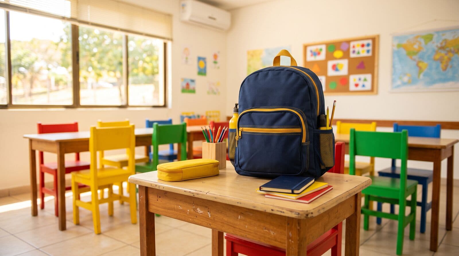 Mochila escolar azul-marinho sobre carteira em sala de aula iluminada